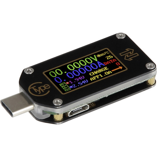 USB-Tester mit digitalem Display zeigt Spannung, Stromstärke und Leistungsinformationen an. Anschlüsse und Schrauben sichtbar.